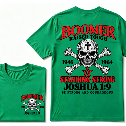 Men's Crew Neck T-Shirt Boomer Raised Tough 1946-1964 Joshua 1:9 Skull Cross Graphic Tee Front & Back Print Casual Short Sleeve Top