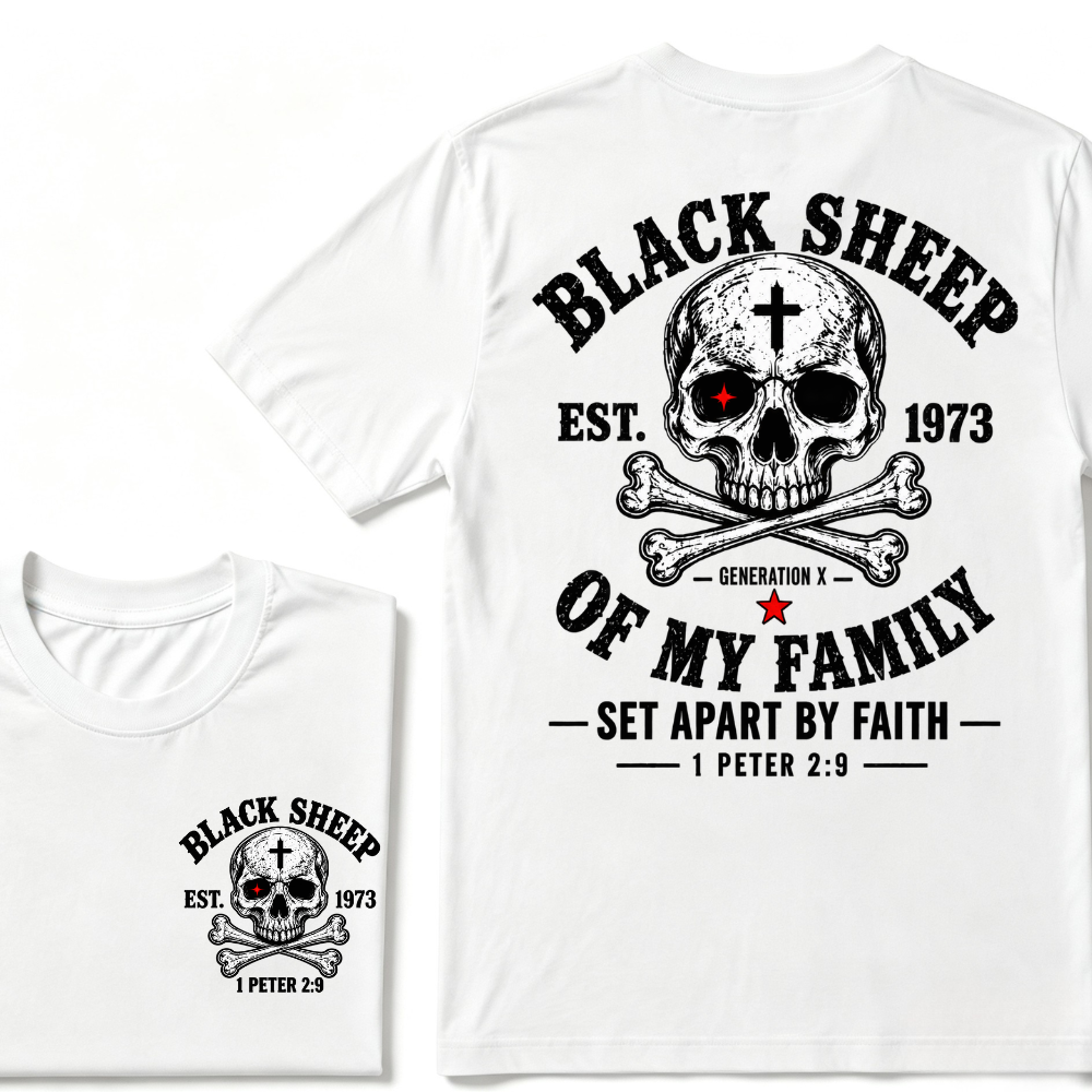 Men's Crew Neck T-Shirt Black Sheep Of My Family Generation X 1 Peter 2:9 Skull Cross Graphic Tee Front & Back Print Casual Short Sleeve Top