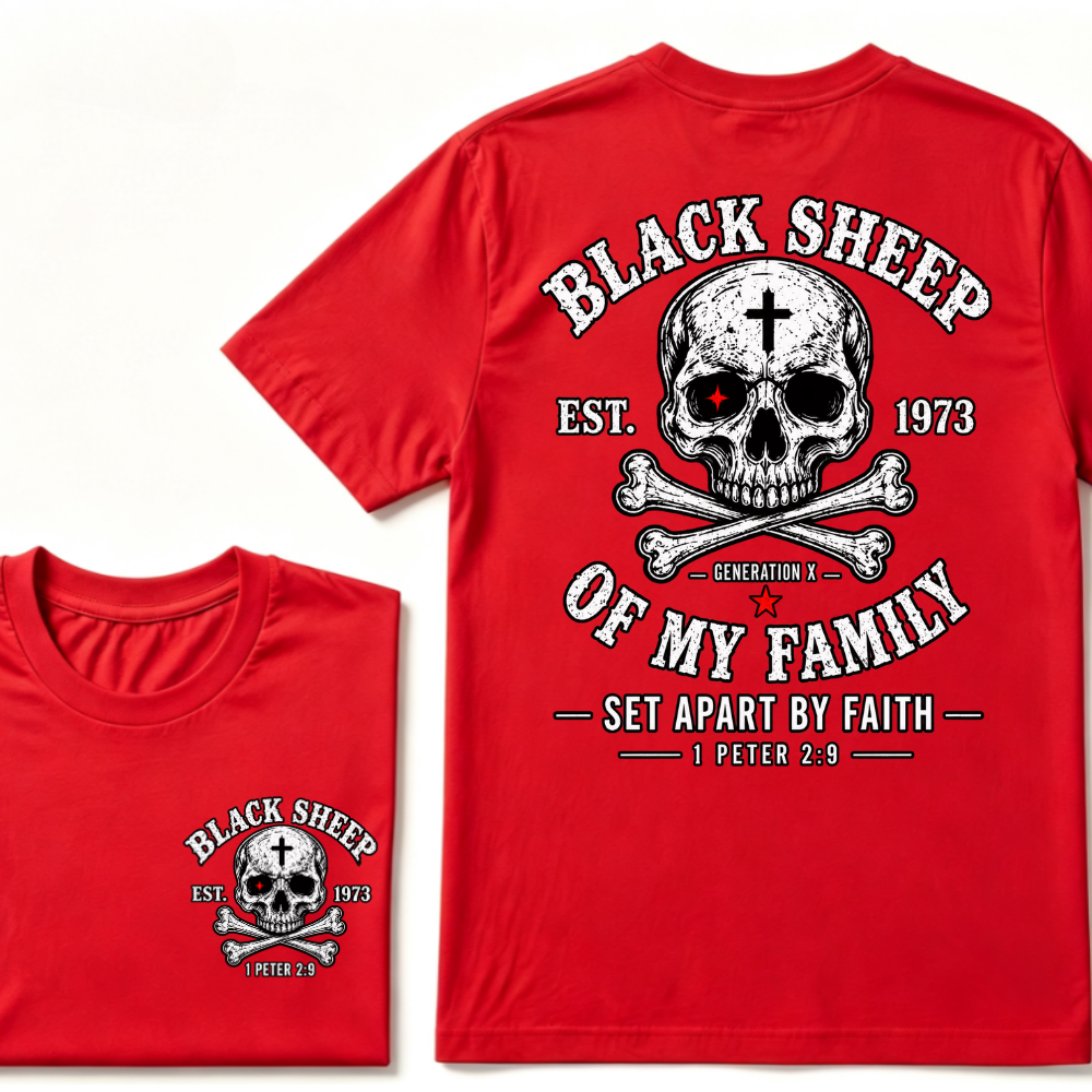 Men's Crew Neck T-Shirt Black Sheep Of My Family Generation X 1 Peter 2:9 Skull Cross Graphic Tee Front & Back Print Casual Short Sleeve Top